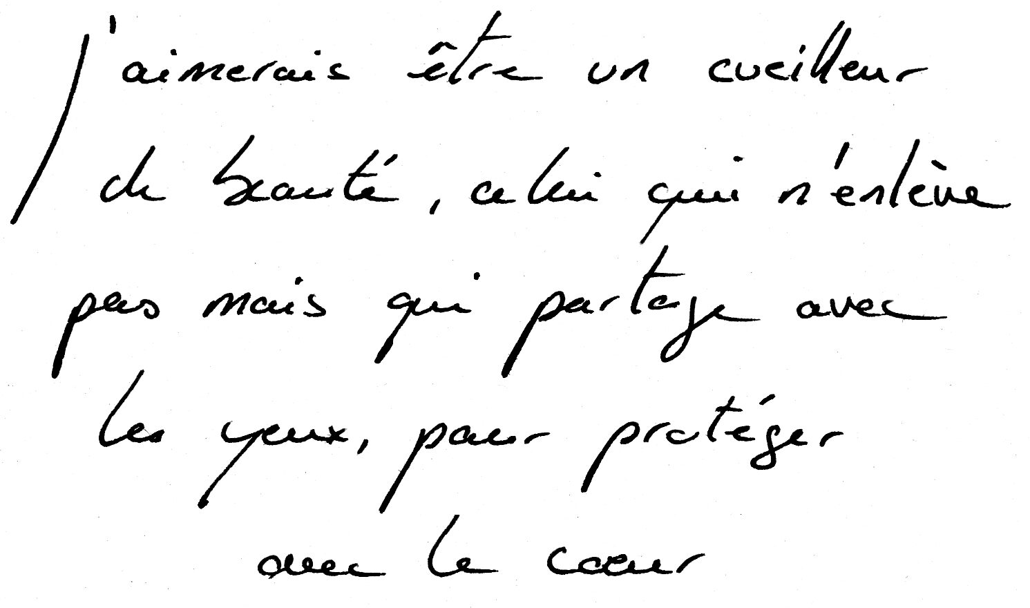 J'aimerais être un cueilleur de beauté, celui qui n'enlève pas mais qui partage avec les yeux, pour protéger avec le cœur